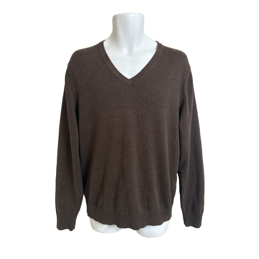 Lands' End Men's M/T Medium Tall Brown 100% Cotton V Neck Pullover Sweater